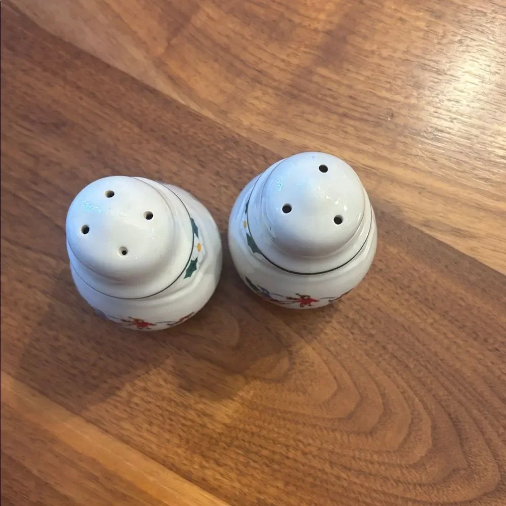 Pfaltzgraff Christmas White Green Salt & Pepper Shaker Set Santa on his sleigh